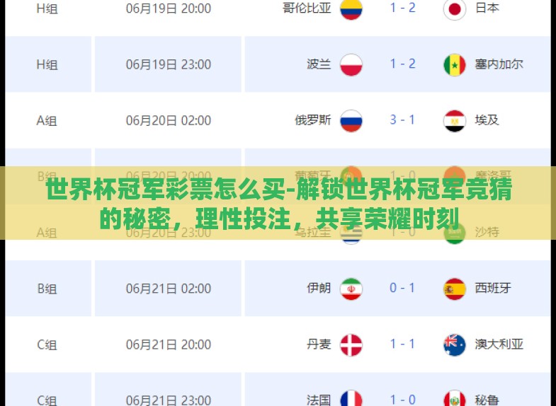 世界杯冠军彩票怎么买-解锁世界杯冠军竞猜的秘密,理性投注,共享荣耀时刻 世界杯冠军彩票怎么买-解锁世界杯冠军竞猜的秘密,理性投注,共享荣耀时刻