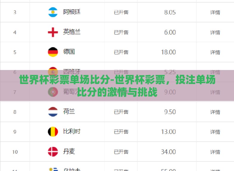 世界杯彩票单场比分-世界杯彩票，投注单场比分的激情与挑战